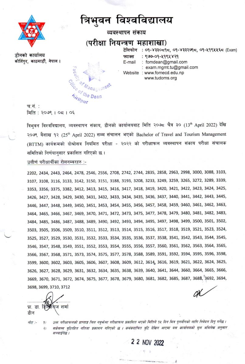 Tribhuvan University Faculty of Management published BBA-F, BTTM, BPA and BMS exam results of 2022